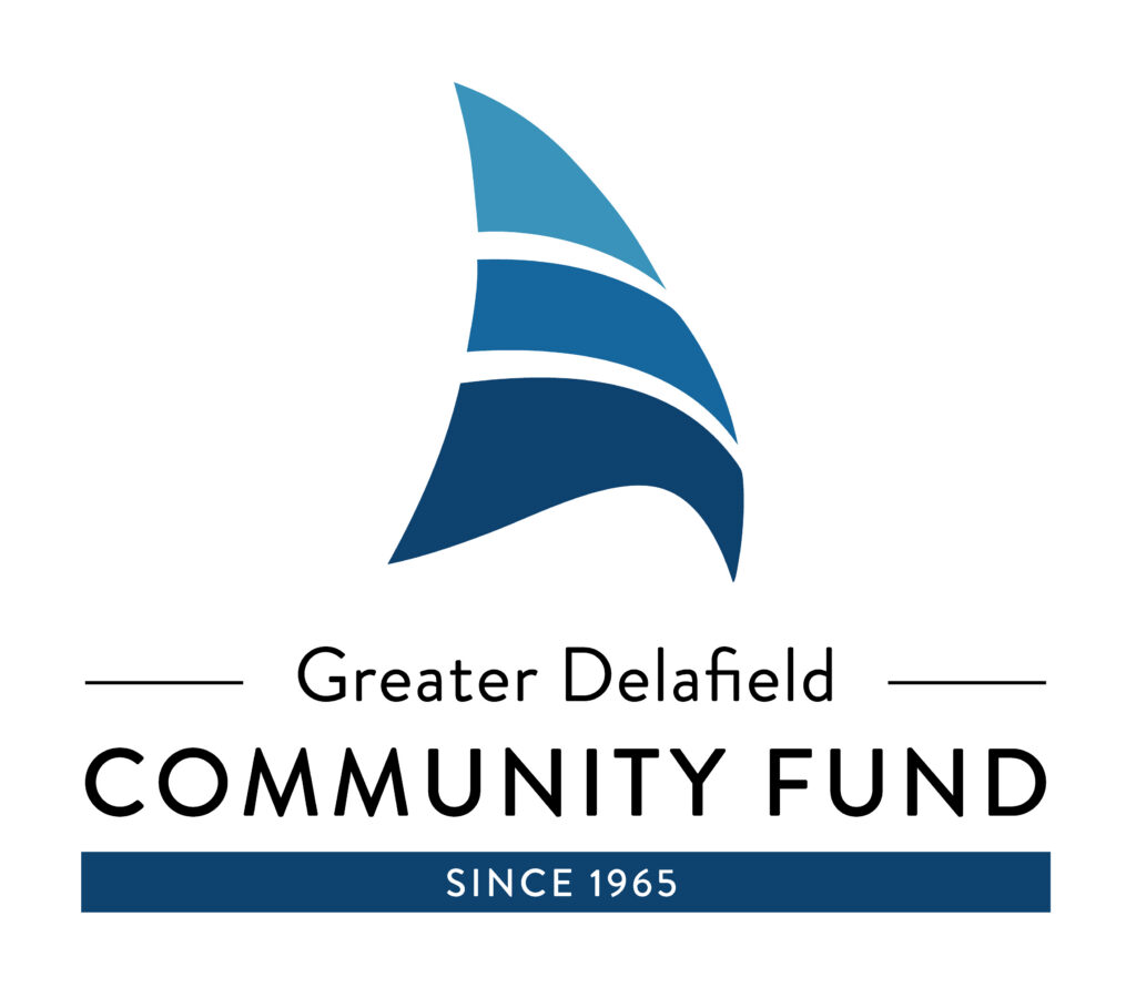 Logo for Greater Delafield Community Fund featuring three curved, blue shapes stacked to form a sail-like design above the text “Greater Delafield Community Fund Since 1965.”.