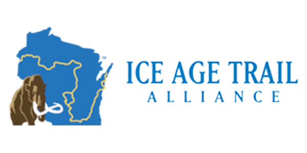 Logo for the Ice Age Trail Alliance, featuring a brown mammoth icon over a blue map of Wisconsin with a yellow trail line, next to the text Ice Age Trail Alliance.