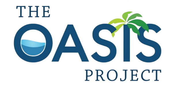 Logo for The Oasis Project with the letter O featuring a water graphic and a palm leaf icon above the letter S.