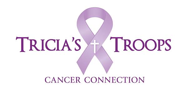 Tricias Troops Cancer Connection logo featuring a purple awareness ribbon with a white cross in the center.